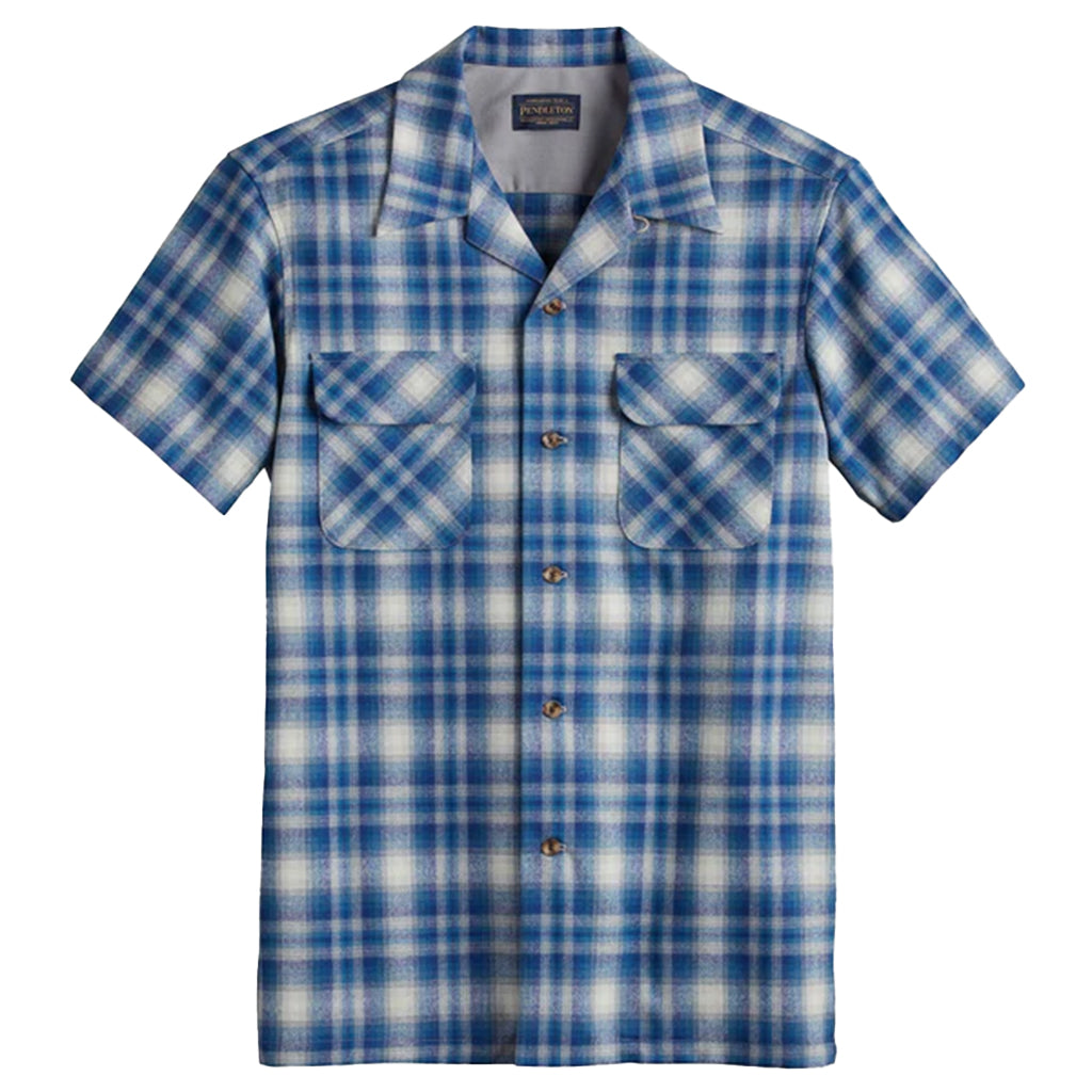 A short-sleeved blue and white plaid Pendleton men's board shirt with two front pockets.