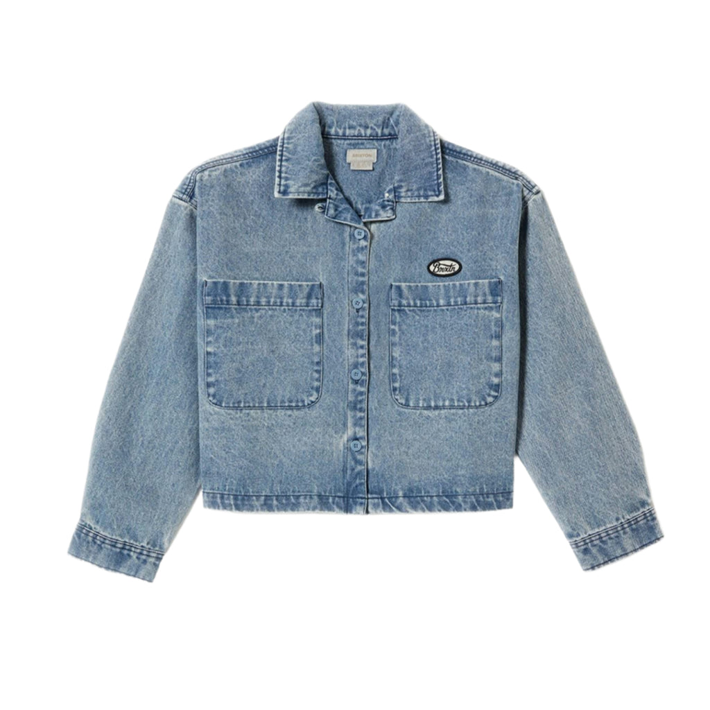 Light blue denim jacket on a white background