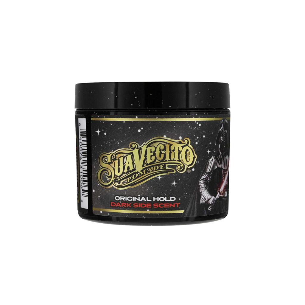 Black container of Suavecito Pomade with gold and white text on a white background