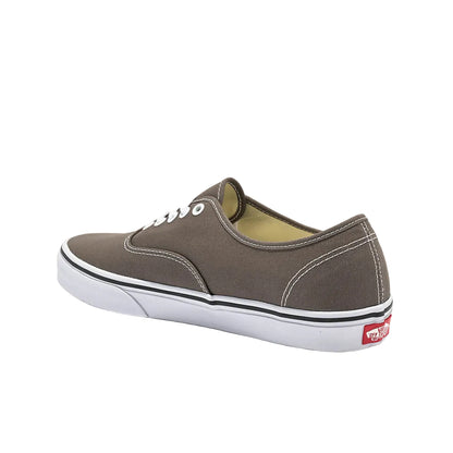 Gray sneaker with a red and white sole on a white background