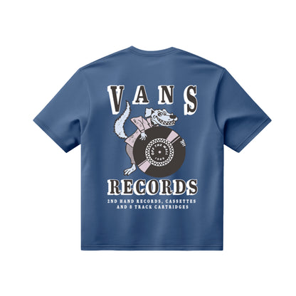 Blue t-shirt with Vans Records graphic on a white background