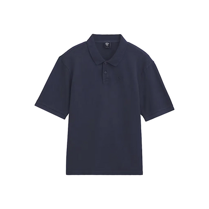 A navy blue short-sleeve polo shirt with a small embroidered logo on the left chest, displayed flat against a light beige background.