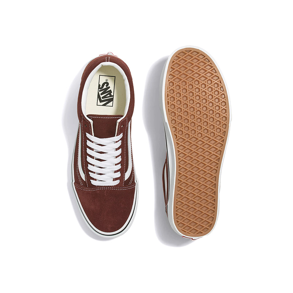 Brown sneaker with white laces and sole view on a white background
