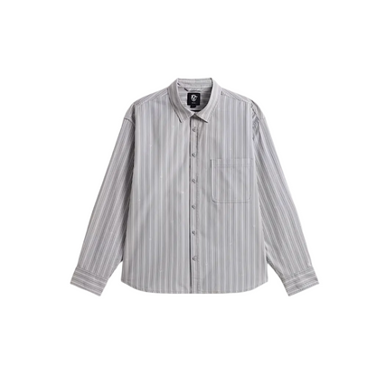 A long-sleeve button-up shirt with vertical gray and white stripes, featuring a classic collar, a chest pocket, and buttoned cuffs, displayed flat against a white background.