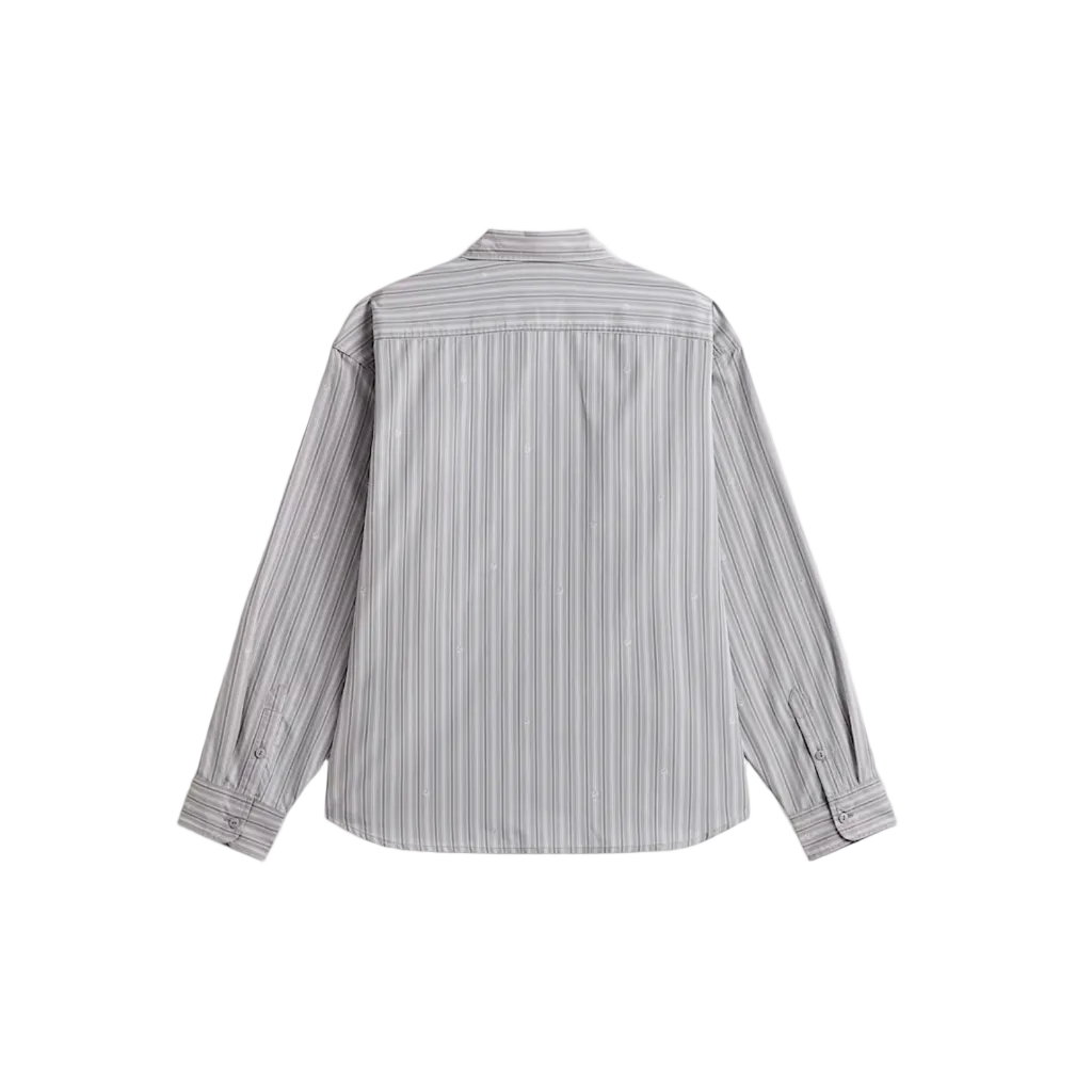 A long-sleeve striped button-up shirt shown from the back, featuring vertical gray and white stripes, laid flat against a white background.