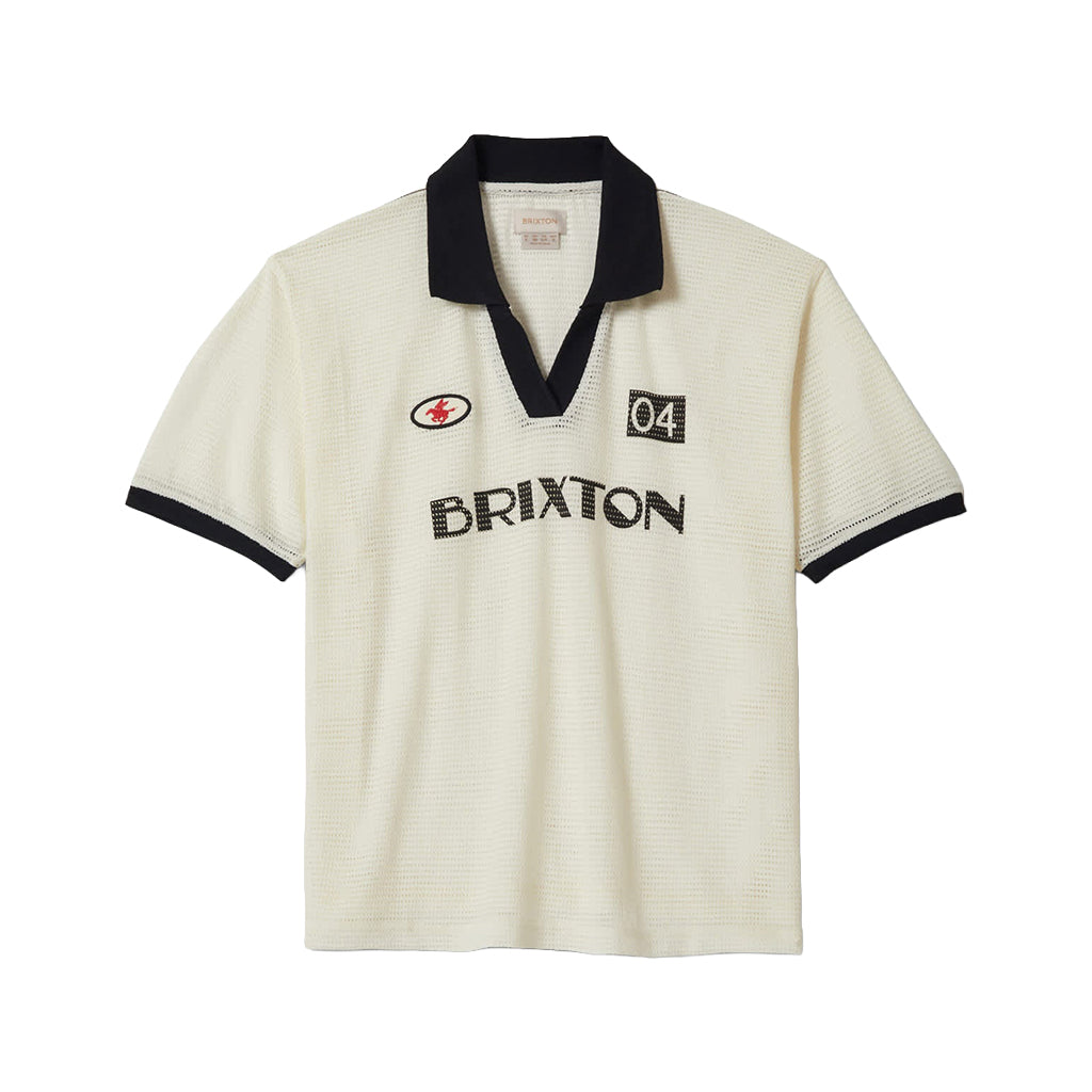 White polo shirt with black collar and Brixton branding on a white background