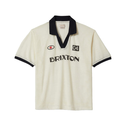 White polo shirt with black collar and Brixton branding on a white background
