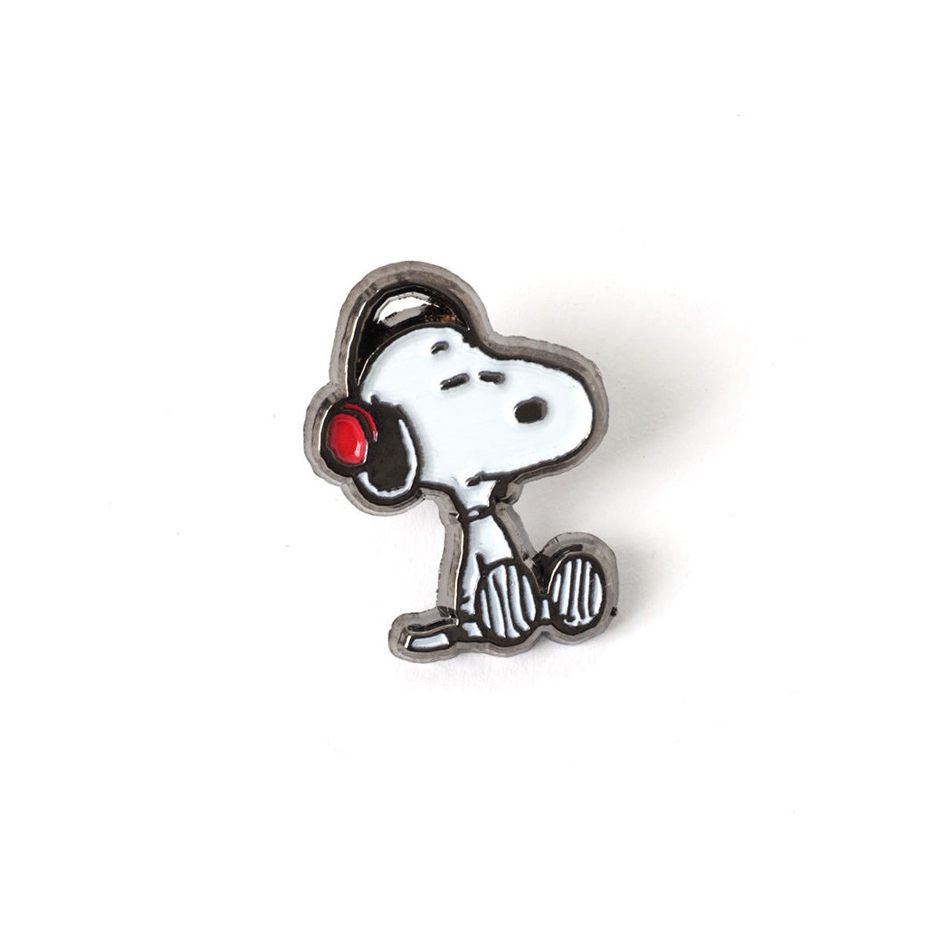 Snoopy wearing red headphones on a white background