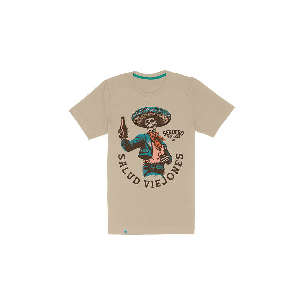 Beige t-shirt with a graphic design of a skeleton holding a bottle on a white background