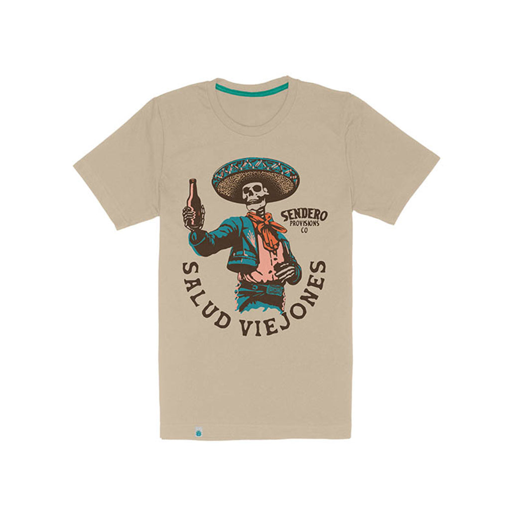 Beige t-shirt with a graphic of a skeleton in a sombrero holding a bottle, labeled 'Sendero Mx'.