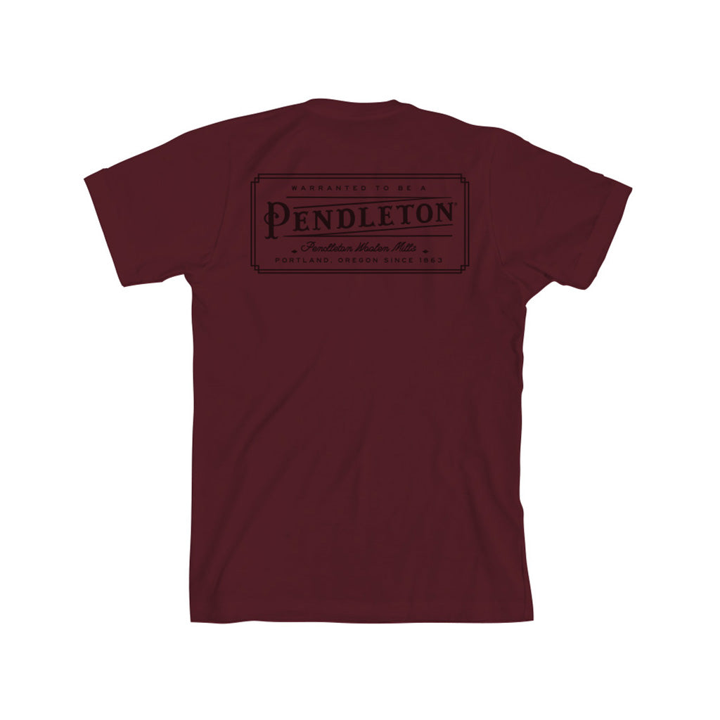 Maroon t-shirt with Pendleton logo on the back against a white background