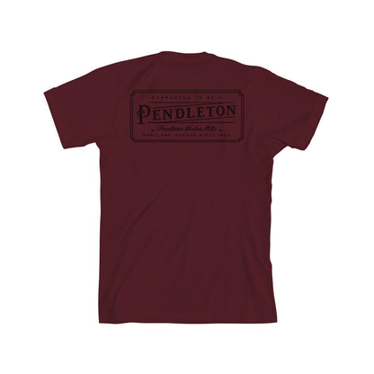 Maroon t-shirt with Pendleton logo on the back against a white background