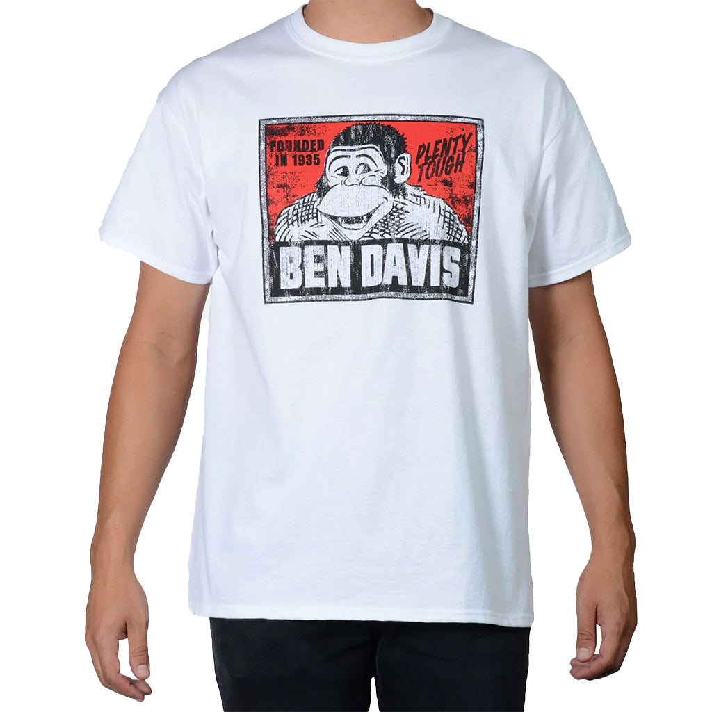 White t-shirt with a graphic design featuring a monkey and text, worn by a person on a white background.