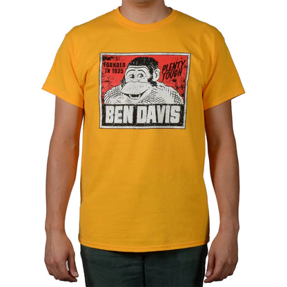 Yellow t-shirt with Ben Davis graphic design on a white background