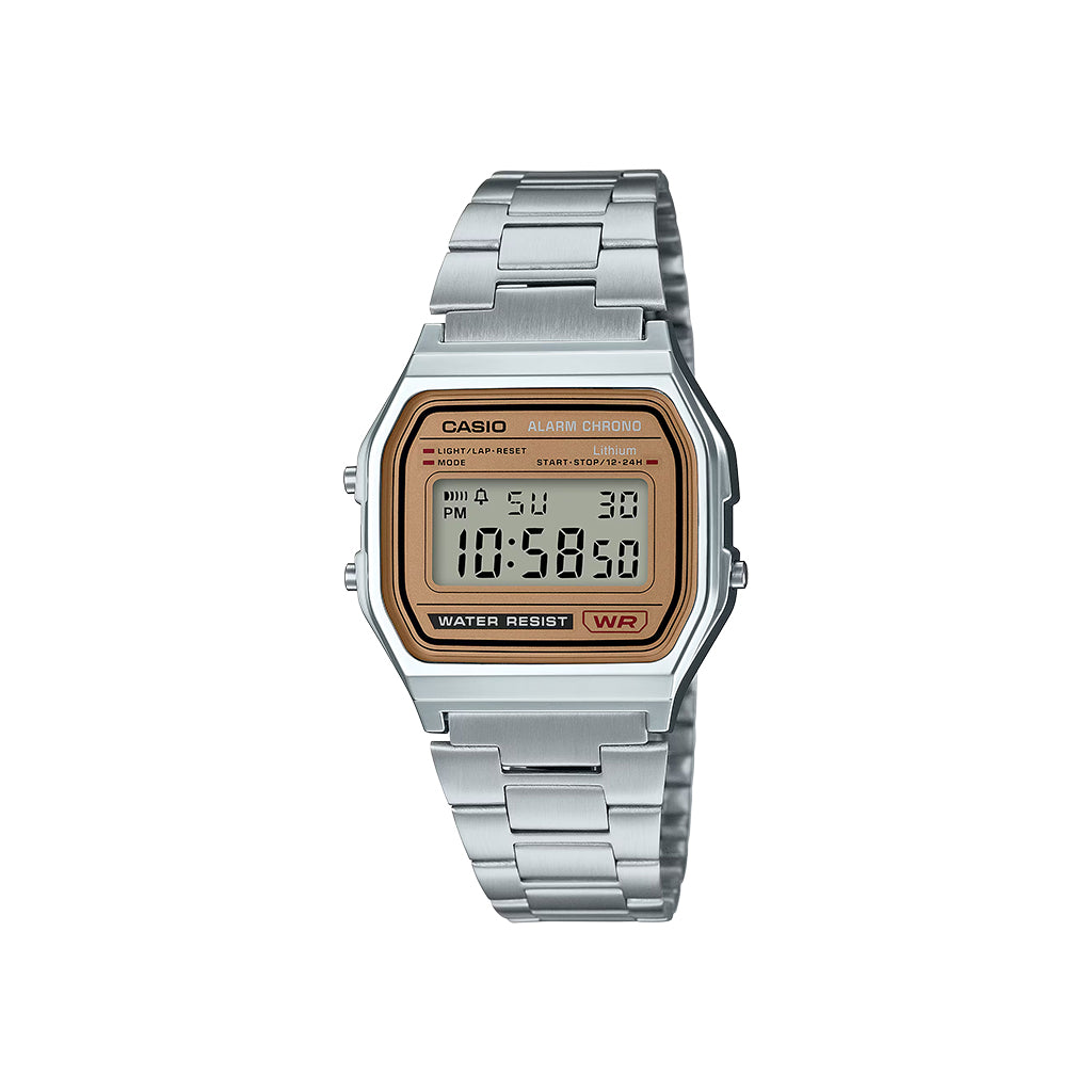 Casio digital watch with silver metal strap on a white background