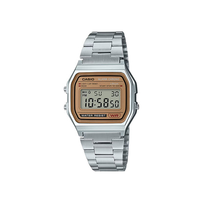 Casio digital watch with silver metal strap on a white background