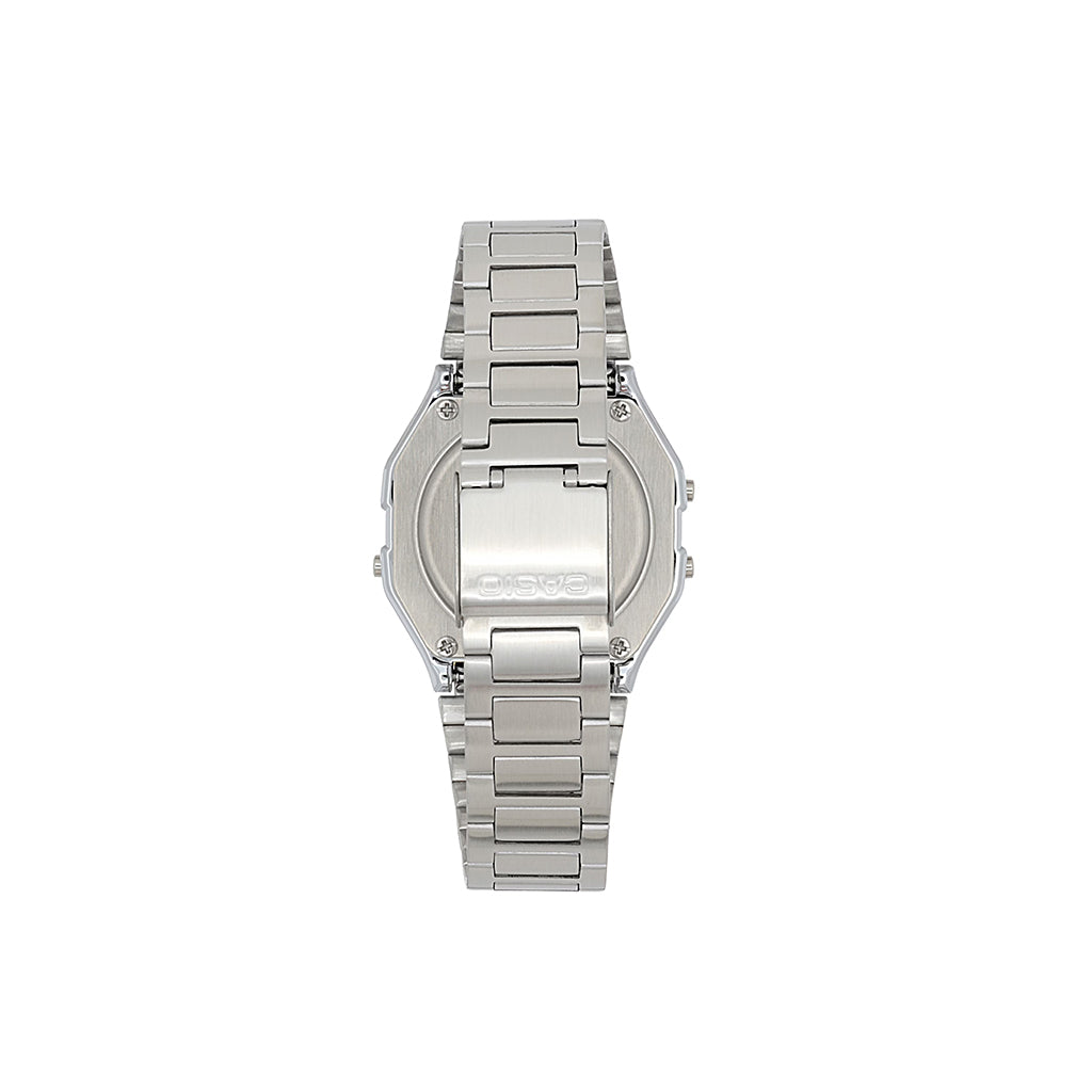 Silver watch with a metal band on a white background