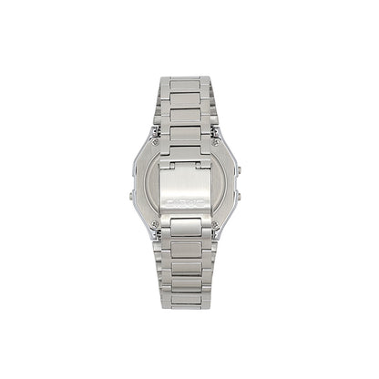 Silver watch with a metal band on a white background