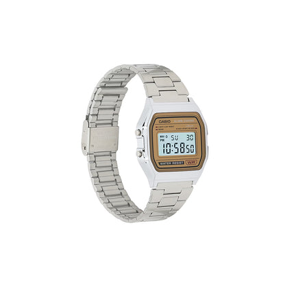 Digital watch with a silver metal strap on a white background