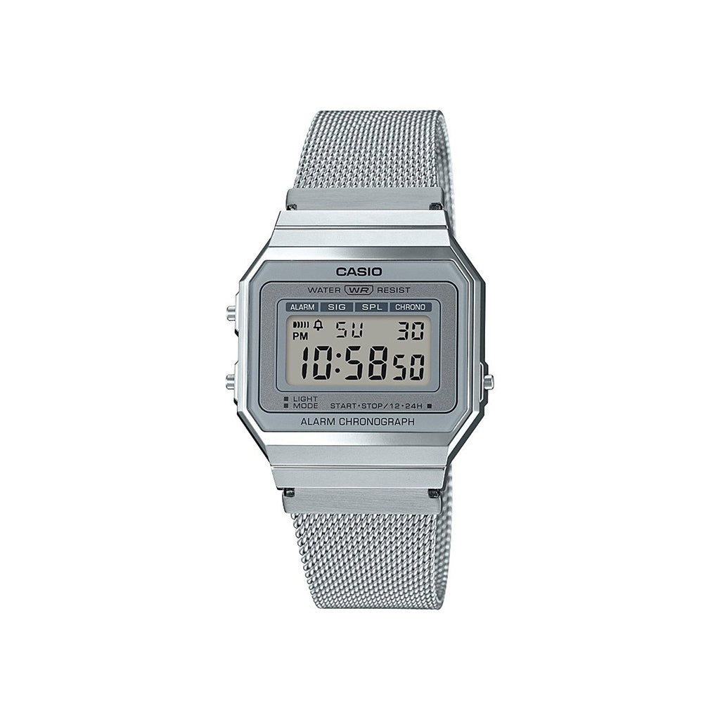 Silver Casio digital watch on a white background