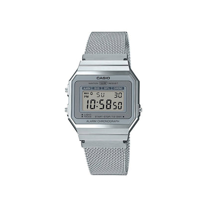 Silver Casio digital watch on a white background