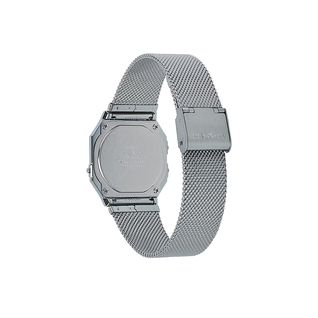 Silver watch with mesh band on a white background