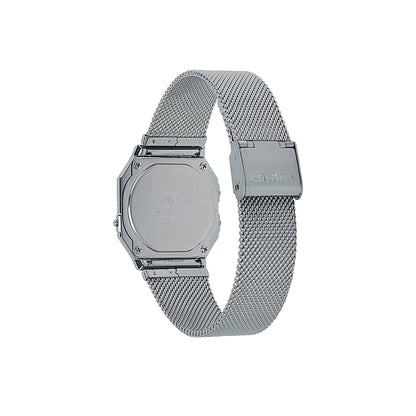 Silver watch with mesh band on a white background