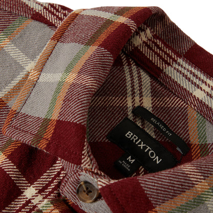 close up of collar and brixton label in side the flannel 
