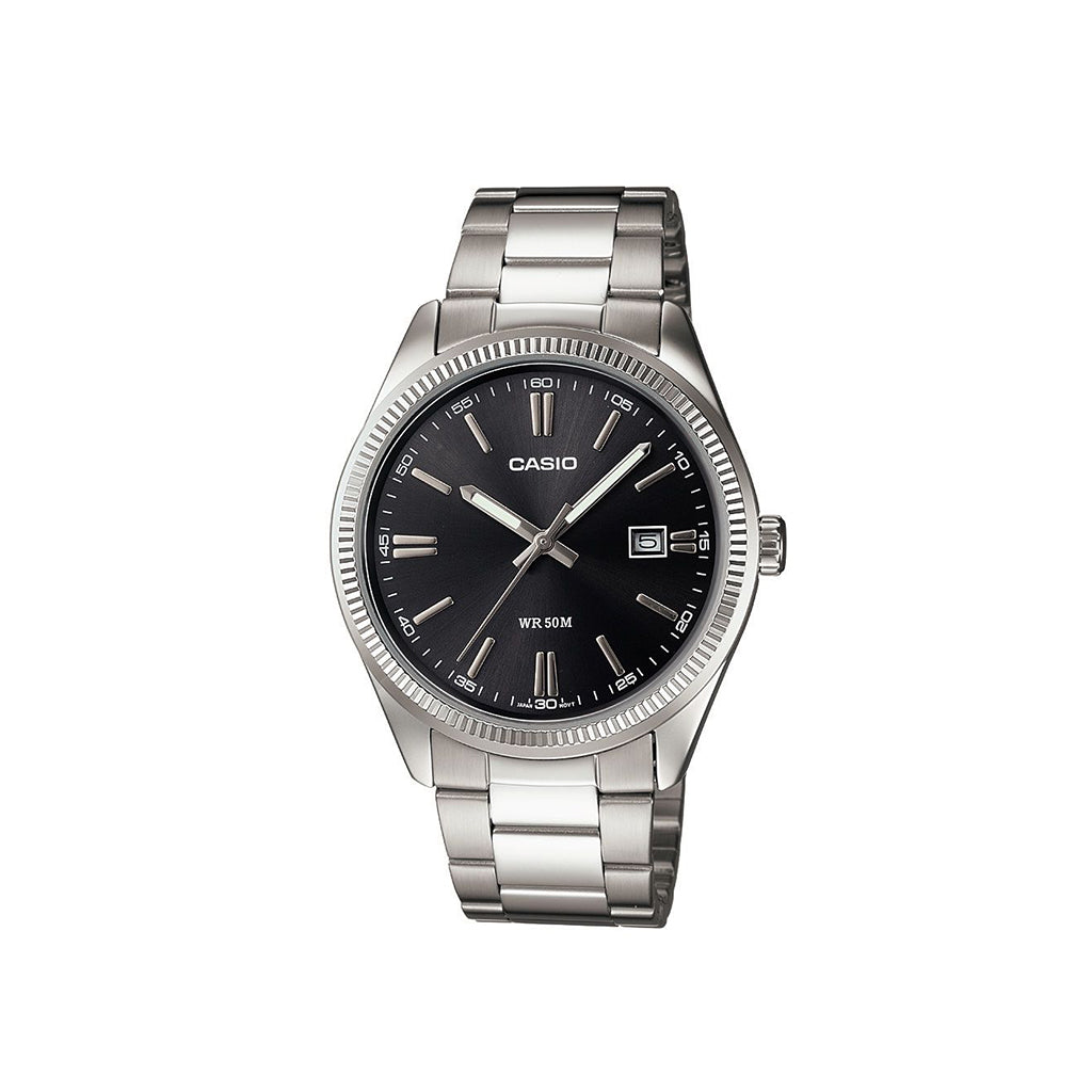 Casio watch with black dial and silver metal bracelet on a white background