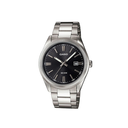 Casio watch with black dial and silver metal bracelet on a white background