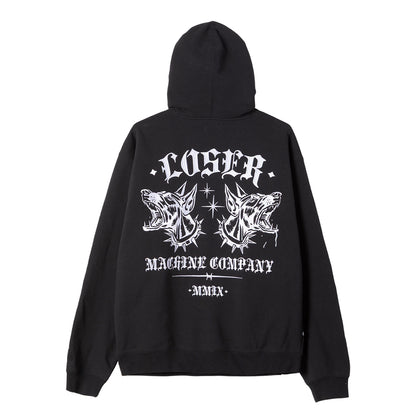 Black hoodie with white graphics and text on a white background