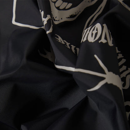 Black fabric with white text and symbols