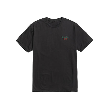 Black t-shirt with a colorful logo on the chest against a white background