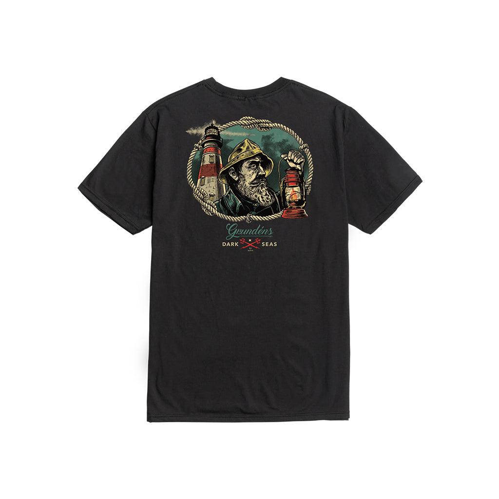 Black t-shirt with a graphic design of a lighthouse and a character on the back, on a white background.