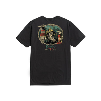 Black t-shirt with a graphic design of a lighthouse and a character on the back, on a white background.