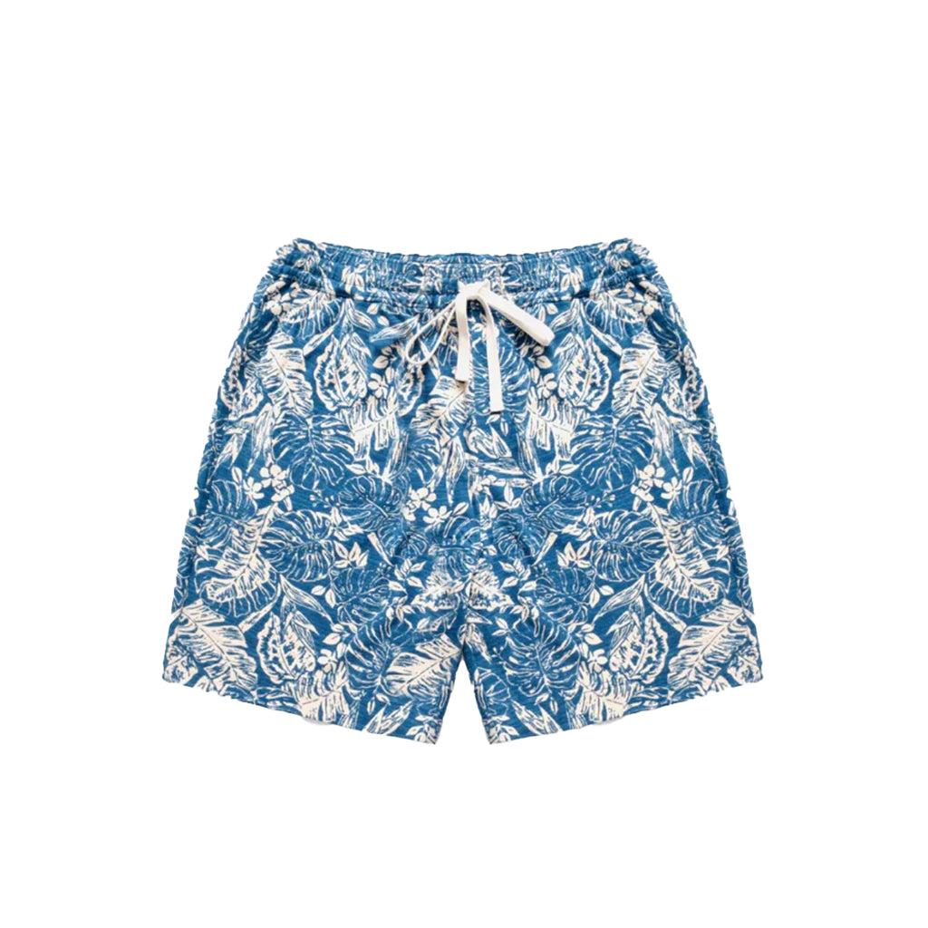 Blue and white floral patterned shorts on a white background