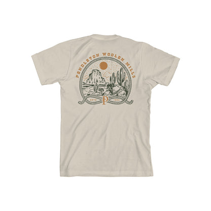 Beige t-shirt with desert graphic and logo on a white background
