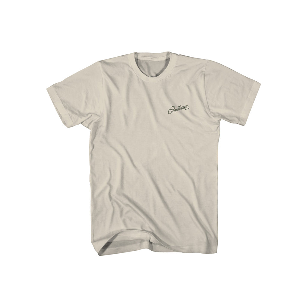 Beige t-shirt with a logo on a white background