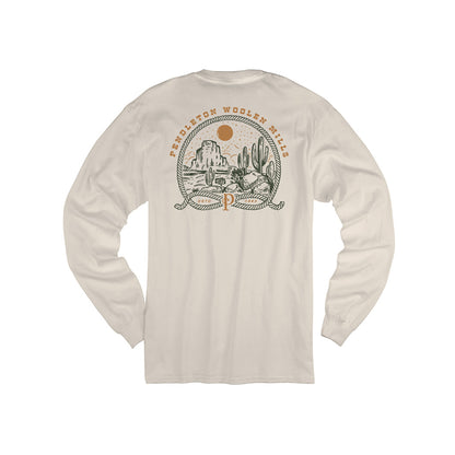 Beige long-sleeve shirt with desert graphic and 'Pendleton Woolen Mills' logo on a white background