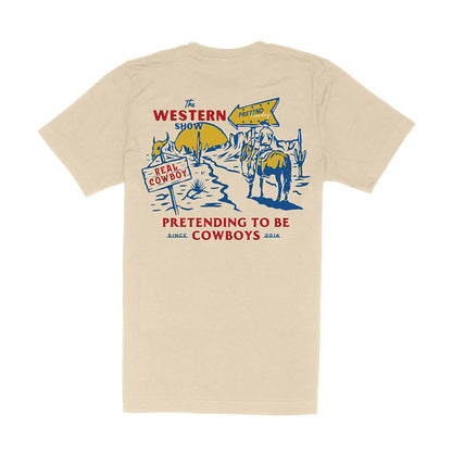 Beige t-shirt with a graphic design on the back featuring text and illustrations.