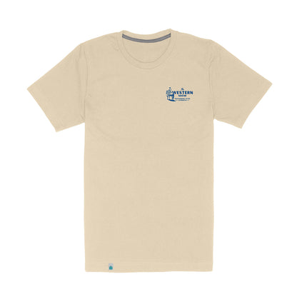 Beige t-shirt with a logo on the chest against a white background