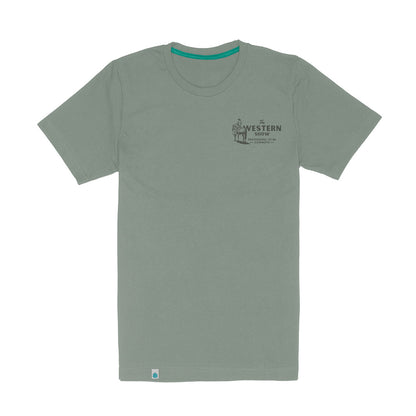 Gray t-shirt with a logo on the chest against a white background