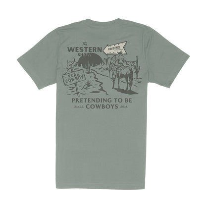Green t-shirt with a graphic and text on the back, displayed on a white background
