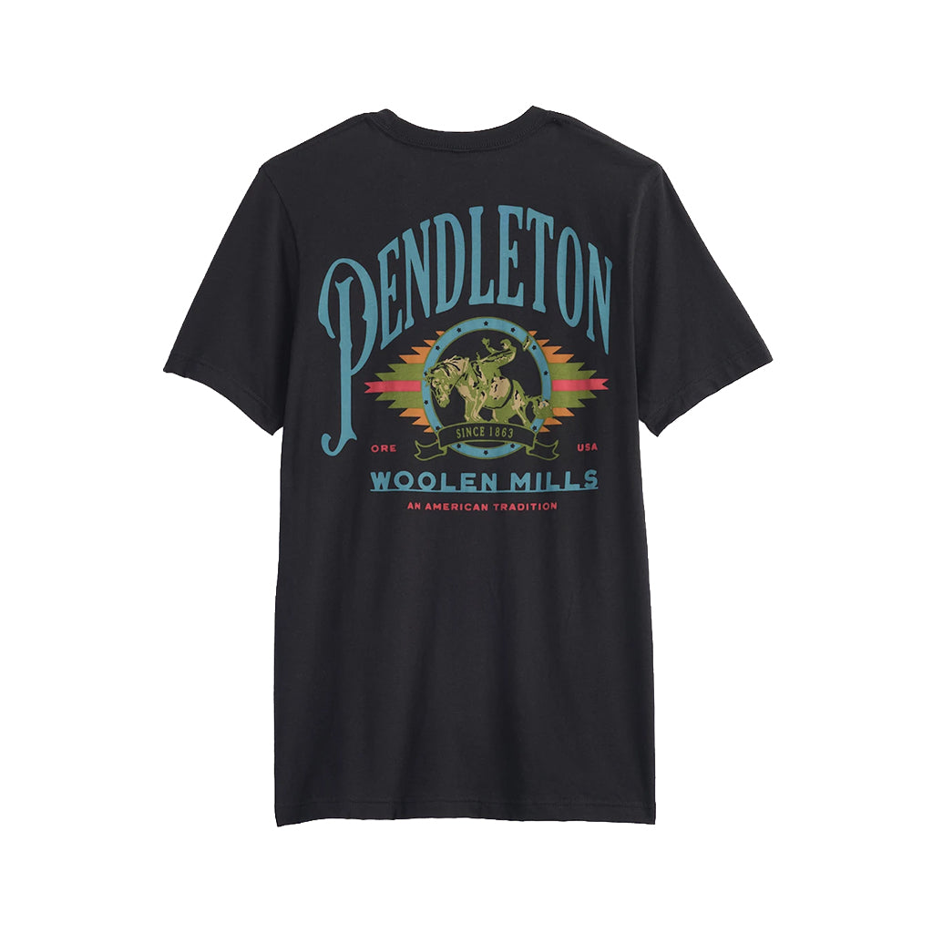 Black t-shirt with Pendleton Woolen Mills logo on a white background