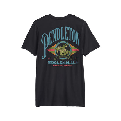 Black t-shirt with Pendleton Woolen Mills logo on a white background