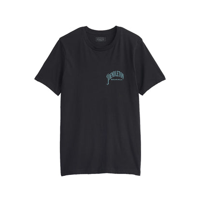 Black t-shirt with Pendleton logo on a white background