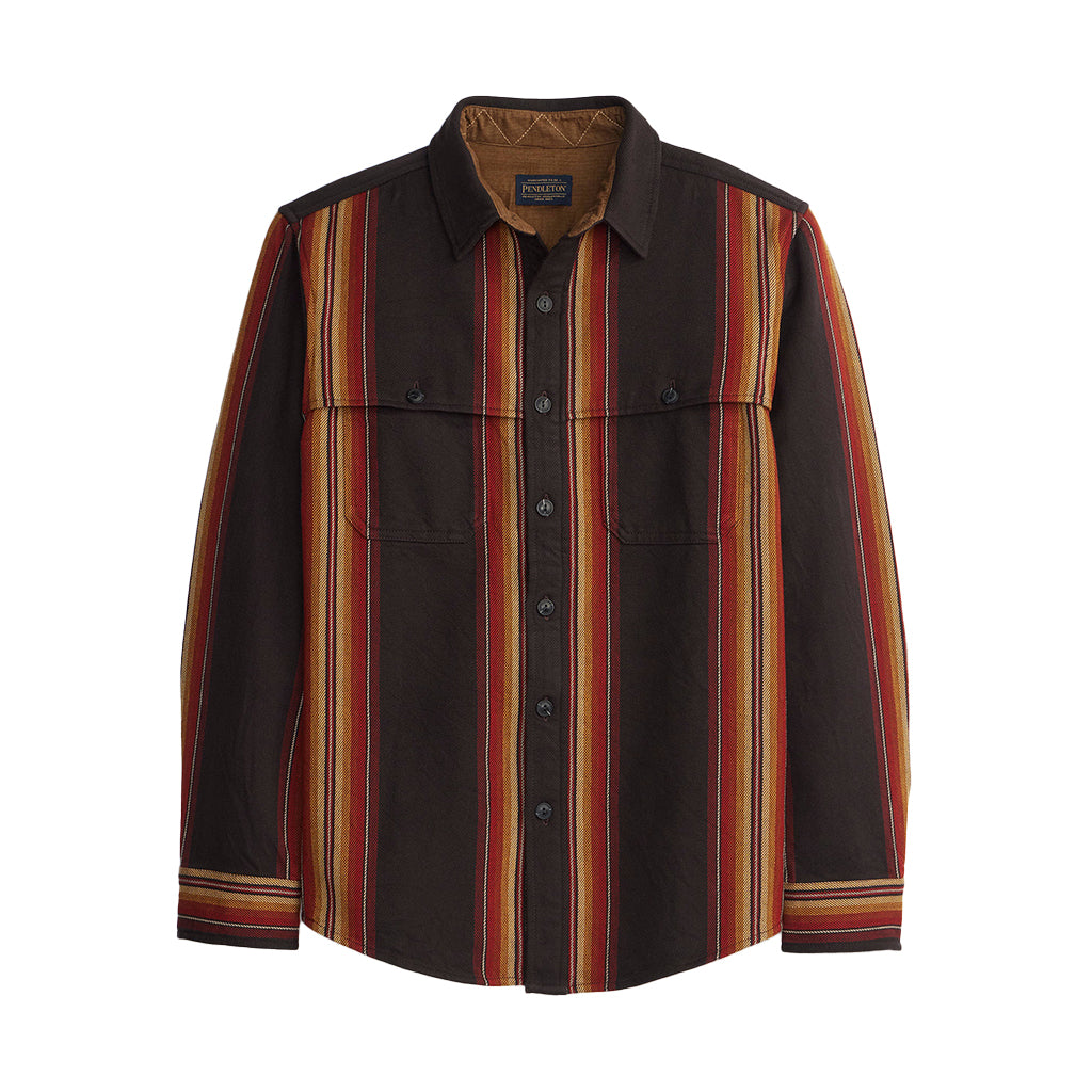 Striped shirt with a visible brand logo on a white background