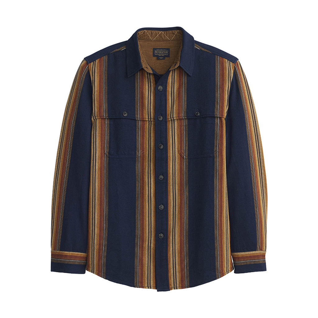 Navy and brown striped shirt on a white background