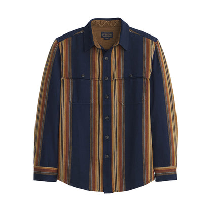 Navy and brown striped shirt on a white background