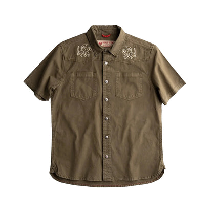 Olive green short-sleeve shirt with embroidery on a white background
